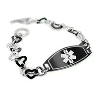 My Identity Doctor - Customized Medical Alert Bracelet for Women with Engraving - 1cm Steel Black Hearts - White, Black - Wrist Size 6.75 Inch
