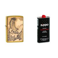 Zippo 20854 Where Eagles Dare Brushed Brass Pocket Lighter with 12 oz Lighter Fluid