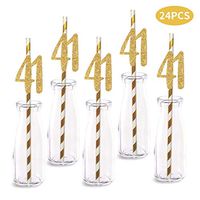 41st Birthday Paper Straw Decor, 24-Pack Real Gold Glitter Cut-Out Numbers Happy 41 Years Party Decorative Straws