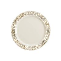 Plastic House 40 Count - 6 Inch Ivory Plastic Plates with Gold Lace Design Party & Wedding Plates, Heavyweight Gold Rim Dinnerware Plates with Gold Border, Disposable Dishes for appetizers & desserts