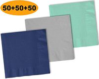 150 Beverage Napkins, Navy blue, Shimmering Silver, Mint - 50 Each Color. 2 Ply Paper Cocktail Napkins. 5" folded, 10" unfolded.