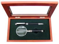 Antique Design Black Handled Ballpoint Pen and Magnifier Desk Set, Comes in a Beautiful Rosewood Gift Box (21733PMB)