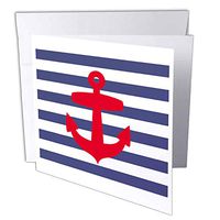 3dRose Retro Nautical Red Anchor with navy blue sailor stripe pattern - French Breton stripes - Greeting Cards, 6 x 6 inches, set of 12 (gc_57479_2)