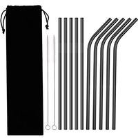 Hestya 10 Pieces Reusable Metal Drinking Straws, Stainless Steel Straws with 2 Pack Cleaning Brushes, Bent and Straight Straws (Black)