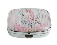XUTAI Custom Personalized Square Stainless Steel Silver Glass Travel Pill Case Vitamin Decoration Box (Pink Wood and Unicorn)