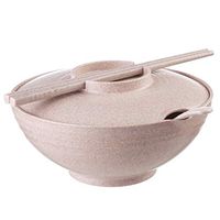 Bowl Rice Husk Instant Noodle Bowl with lid Large Multi-Function Cutlery Set with Chopsticks Spoon Microwave Oven Available Wheat Color Household tableware, retro bowl (Color : Coffee Color)