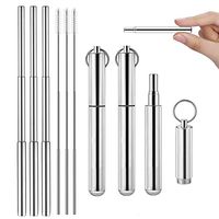 3 PACK - Collapsible Reusable Stainless Straw, Folding Drinking Straw Stainless Steel, Portable Straw for travel,Foldable Drinking Straw with Hard Case Cleaning Brush (Black/Blue/Pink)