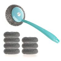 ISKYBOB 1 Set of 8 Pieces Steel Wire Ball with 1 Piece Long Handle Steel Pot Brush Dishwashing Brush Kitchen Accessories Supplies, Blue