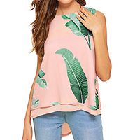 Amlaiworld Fashion Women Loose Tank Tops Summer Activewear Shirt O-Neck Leaves Print Sleeveless Split Back Vest Foldover Tops Pink