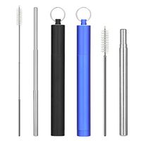 Angole 2 Pack Reusable Metal Straws Collapsible Stainless Steel Drinking Straw 9 Inch Portable Telescopic Travel Straw with Case & Cleaning Brush for Large and Small Tumlers/Mason Jar