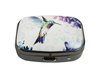 XUTAI Custom Personalized Square Stainless Steel Gun Silver Glass Travel Pill Case Vitamin Decoration Box (Watercolor Hummingbird with Flowers)