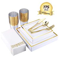 175 Piece Gold Dinnerware Set 25 Guest-50 Square Plastic Plates-25 Gold Plastic Silverware-25 Gold Plastic Cups-25 Linen Like Gold Paper Napkins, FOCUS LINE Disposable Dinnerware Set