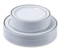 Disposable Plastic Plates - 120 Pack - 60 x 10.25" Dinner and 60 x 7.5" Salad Combo - Silver Trim Real China Design - Premium Heavy Duty - By Aya's Cutlery Kingdom