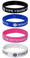 Max Petals Type 1 Diabetic Insulin Dependent Kid's Size Silicone Wristbands - Black, White, Blue and Pink (4 Pack)
