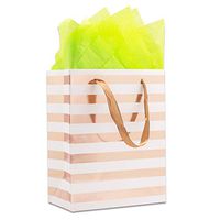 12-Pack Foldable Cardstock Paper Gift Bags with Handles (Medium 9", Metallic Rose Gold Foil Stripes) for Presents, Retails or Party Favors by TheDisplayGuys