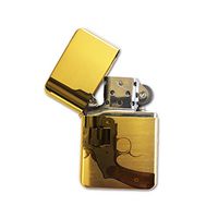 Pistol Gun Revolver - Gold Lighter Windproof Flip-Top Refillable with tin Gift Box