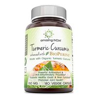 Amazing India Turmeric Curcumin with Bioperine (Made with Organic Tumeric Curcumin) 750 Mg 180 Veggie Capsules (Non-GMO) - Powerful Antioxidant & Antiinflammatory Properties, Supports Heart & Brain