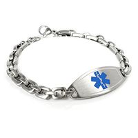 My Identity Doctor - Custom Engraved Medical Alert Bracelet, 316L Steel Matte 6mm Links - Blue - Wrist Size 7.5 Inch