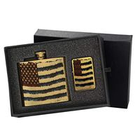 American - Gold Lighter and Pocket Hip Liquor Flask Survival Camping Gift Box Set