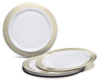 " OCCASIONS" 120 Plates Pack, Disposable Wedding Party Plastic Plates (7.5'' Appetizer/Dessert Plate, Venice in White/Ivory & Silver)