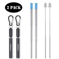 Reusable Telescopic Silicone Metal Straws - Hamonical 2 Pack [Upgraded] Stainless Steel Straws Portable with Carabiner/Case/Cleaning Brush for Travel, Home,Office (Black)