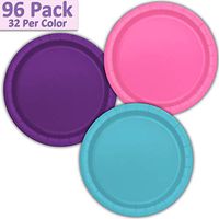 96 Paper Dinner Plates (9") - Hot Pink, Deep Purple, Aqua - 32 Per Color, 3 Colors - Great Assortment for Birthday Parties, Weddings, Holidays, Baby Shower, Celebrations, and more