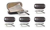 EYE ZOOM 5 Pairs Compact Rectangular Metal Folding Reading with Hard Case Comfort Fit for Men and Women, Silver Frame, Brown Case, 3.00 Strength