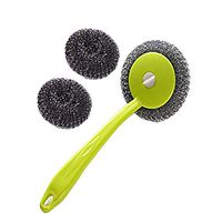 Kxtffeect 1Set of Assembly Multipurpose Stainless Steel&Plastic Wire Scrubbers-Dish/Pot/Glasses/Coffeemaker/Sink Brushes,1 Handle and 2Pcs of Scouring/Cleaning Steel Wire Balls (Green)