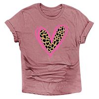 Sunhusing Womens Valentine's Day Leopard Heart Print Casual Round Neck Solid Color Short Sleeve T-Shirt Top(Watermelon Red,2XL)