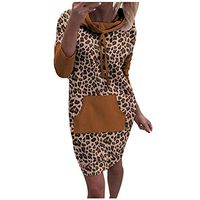 Sunhusing Women's Lapel Leopard Print Long Sleeve Hooded Pullover Dress Casual Pocket Sweatshirt Mini Dress(Coffee,XL)