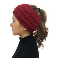 Theoylos Womens Ponytail Beanie Hat Warm Stretch Cable Knit Hat Ladies Cold Weather Headbands Winter Ponytail Skull Cap Red
