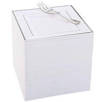 WDF Silver Plastic Plates with Plastic Forks-6” 100 Square Disposable Dessert Plates with Silver Rim&100 Small Appetizer Forks