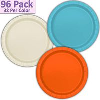 96 Paper Dinner Plates (9") - Aqua, Ivory, Orange - 32 Per Color, 3 Colors - Great Assortment for Birthday Parties, Weddings, Holidays, Baby Shower, Celebrations, and more