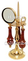 Hanzla Collection Polished Brass Office Desk Set of 3 Wooden Handle Magnifying Glass- Bottle & Letter Opener