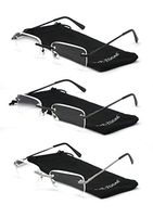 EYE ZOOM 3 Pairs Unisex Rimless Reading Glasses Metal Frameless Style Readers with Spring Hinge for Men and Women (Soft Pouch, Black, Gunmetal, Silver +1.50)