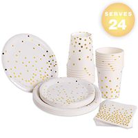96 Piece White and Gold Party Supplies for 24 Guests | Paper Disposable Dinnerware Set | Tableware Set - Gold Dots Dinner Plates,Dessert Plates,9oz Cups,Napkins | Wedding Bridal Baby Shower Birthday