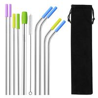 Stainless Steel Straws Set of 9 FDA-Approved Reusable Drinking Straws for 30oz 20oz Tumbler 10.5" 8.5" Stainless Metal Straws with Soft Silicone Tips 1 Cleaning Brush(4 bent 4 straight 1 straight wide