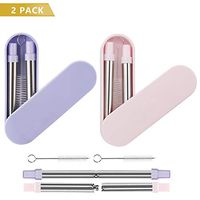 Collapsible Straws 2 Pack with Case, Telescopic Drinking Straw Reusable with Cleaning Brush, Folding Metal Straw Portable Fits Tumbler, Cup, Water Bottle for Coffee, Tea, Smoothie