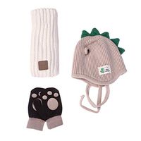 NUOBESTY Winter Fleece Skiing Scarf Gloves Caps, 1 Set of 3, Soft Lovely Knit Dinosaur Beanie Autumn Winter Kids Wool Hat Scarf and Gloves Knitted Hat Beige - Beige