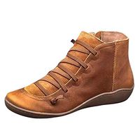Women's Arch Support Boots Sunkessety Fashion Lace Up Side Zipper Ankle Booties Comfortable Leather Flat Heel Boots Brown