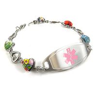 My Identity Doctor Customized Medical Alert Bracelet Free Engraving - 1.2cm Steel & Glass Hearts - Pink - Wrist Size 6.5 Inch