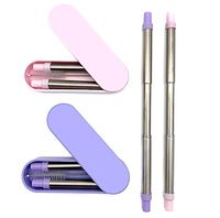 2 Pack Reusable Straws with Case, Portable and Collapsible Stainless Steel Metal Straws with Plastic Travel Case and Cleaning Brush (Pink-Blue)