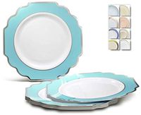 " OCCASIONS" 40 Plates Pack, Heavyweight Disposable Wedding Party Plastic Plates (10.5'' Dinner Plate, Imperial in White/Turquoise Blue & silver)