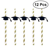 BESTOYARD 12pcs Party Straws Paper Cocktail Drinking Straws with Graduation Cap Decoration for Theme Party (Black)