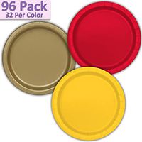96 Paper Dinner Plates (9") - Red, Gold, Sunshine Yellow - 32 Per Color, 3 Colors - Great Assortment for Birthday Parties, Weddings, Holidays, Baby Shower, Celebrations, and more