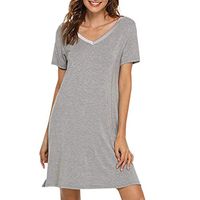 Theoylos Women's Nightgown Short Sleeve Sleep Shirt Dress Ladies Soft Loose Sleepwear Dress with Lace Gray
