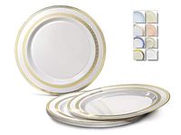 " OCCASIONS" 60 Plates Pack, Heavyweight Disposable Wedding Party Plastic Plates (7.5'' Appetizer/Dessert Plate, Lace White & Gold)