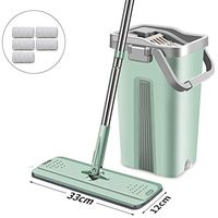 PLHMS Flat Squeeze Mop and Bucket, Hand-Free Wringing Floor Cleaning Mop Handwash Wet and Dry Use on Floor, with 3 Mop Pads Stainless Steel Handle,C