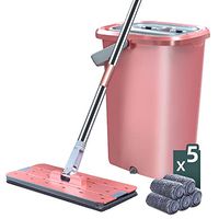GHH Flat Mop Bucket Set with 5 Reusable Pad, Stainless Steel Rod Free Hand Wash Home Cleaning Tool, Save Water and Space, for Wet and Dry Floor Cleaning