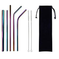 5pcs Reusable Metal Color Straws (Straight and Angled Tips), Stainless Steel Straws, Smoothies, Milkshakes Straws, Portable Cup Straws(with 2 Cleaning Brushes and 1 Bags)